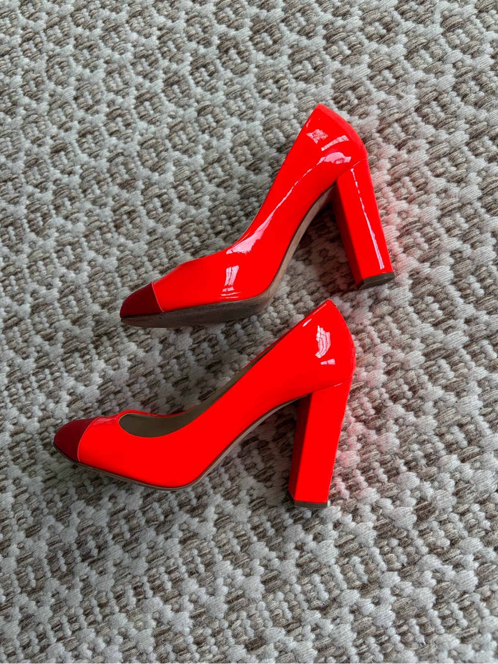 Neon orange Chanel style Patent Block Heel Pumps - Womenu